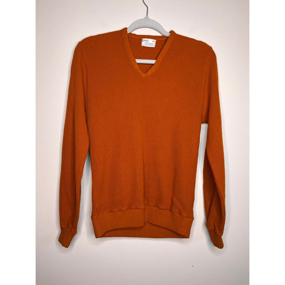 1960s Sears Sportswear Burnt Rust Orange Orlon Waffle Retro V Neck Sweater M